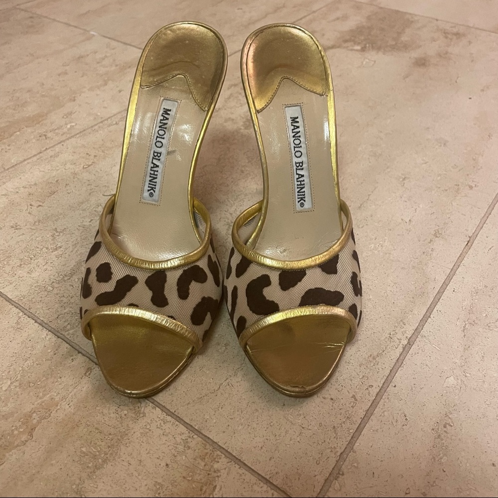 Manolo Blahnik Cheetah open toe stilettos